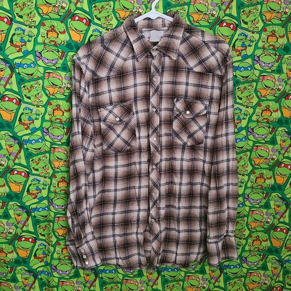 Wrangler Western Style Shirt Size XL Pearl Snap Brown Plaid Button Down - Picture 1 of 5